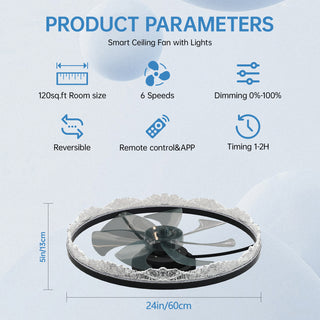 Sunvega 24" Modern Flush Mount LED Ceiling Fan Light with Decorative Acrylic Ring