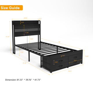 Sunvega Twin Bed Frame with Storage Headboard LED Lights Charging Station Drawers