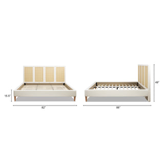 Sunvega Upholstered Platform Bed with Rattan Panels and Ivory Fabric for Bedroom