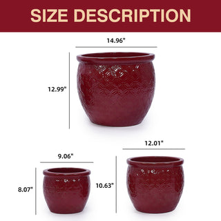 Sunvega Handmade Ceramic Flower Pot Set of Three Graduated Sizes with Floral Embossed Pattern