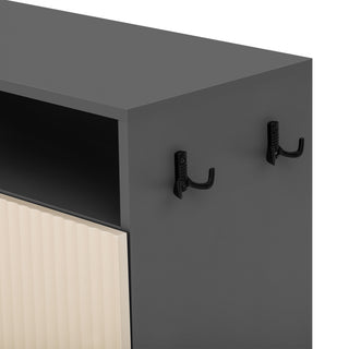 Sunvega Entryway Cabinet with Shoe Bench, 3-Tier Adjustable Shelves and Wavy Slatted Door