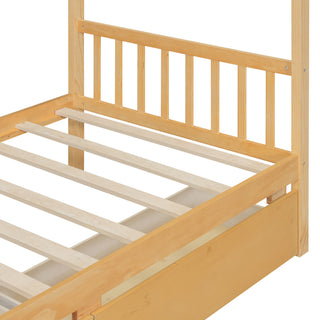 Sunvega Twin Size Wooden House Bed with Drawers and Headboard for Kids Room