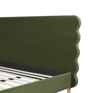 Sunvega Retro Modern Wavy Headboard Platform Bed with Upholstered Frame in Antique White