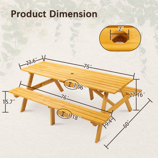 Sunvega Fir Wood Picnic Table with 2 Benches 75 Inch Dining Surface 2220lb Capacity