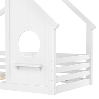 Sunvega White Twin House Floor Bed with Window and Shelf for Kids Room