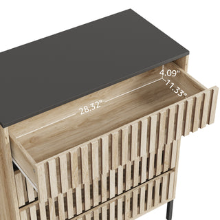 Sunvega Modern Minimalist Black Teak 4 Drawer Storage Cabinet with Slatted Design