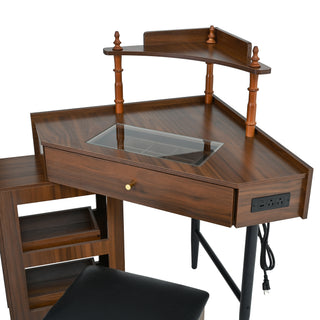 Sunvega Corner Vanity Desk Set with Storage Stool Charging Station and Glass Tabletop