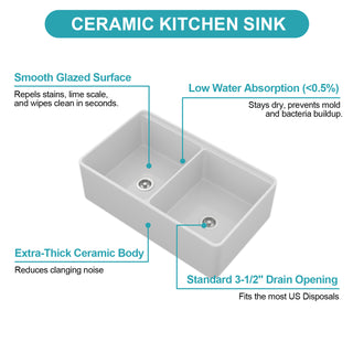 Sunvega 33 Inch White Porcelain Ceramic Farmhouse Kitchen Sink Workstation with Reversible Apron
