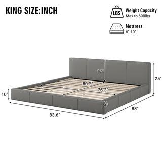 Sunvega Stylish Gray Upholstered King Bed with Faux Leather and Wood Frame