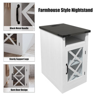 Sunvega Farmhouse End Table with Charging Station and Adjustable Shelf for Bedroom