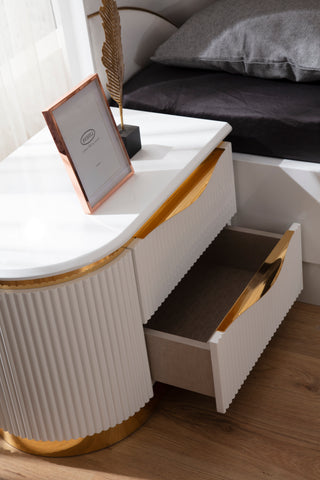 Sunvega White and Gold Lacquered 2-Drawer Nightstand with Soft-Closing Drawers