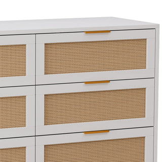 Sunvega Modern Natural Rattan 6 Drawer Dresser with Wood Legs for Bedroom Storage