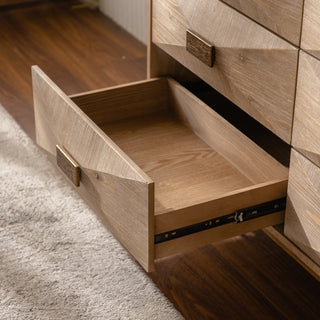 Sunvega Light Wood 6-Drawer Dresser with Geometric Relief and Gold Metal Legs