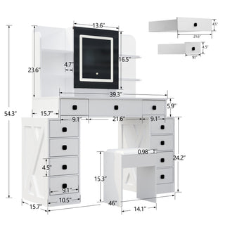 Sunvega White Makeup Vanity Desk with Sliding Mirror Dimmable Lights and Charging Station