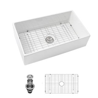 Sunvega 33 Inch White Porcelain Ceramic Farmhouse Kitchen Sink Workstation with Reversible Apron