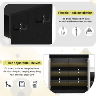 Sunvega Entryway Cabinet with Shoe Bench, 3-Tier Adjustable Shelves and Wavy Slatted Door