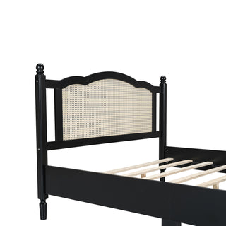 Sunvega Queen Size Wooden Platform Bed with Natural Rattan Headboard and Wooden Slat Support