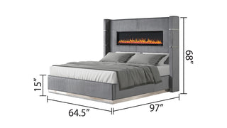Sunvega Queen Size Upholstered Bed with Electric Fireplace and Bluetooth Speakers in Gray Velvet