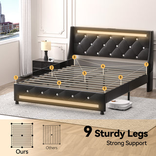 Sunvega Queen Size Bed Frame with Headboard LED Lights Charging Station Storage