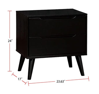 Sunvega Mid-Century Modern Black Solid Wood Nightstand with 2 Drawers and Round Tapered Legs