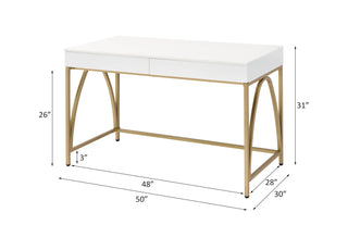 Sunvega White High Gloss Vanity Desk with Gold Finish and 2 Storage Drawers