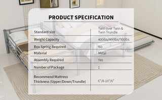 Sunvega Sturdy Metal Twin over Twin Bunk Bed with Safety Guardrail and Noise Reduced