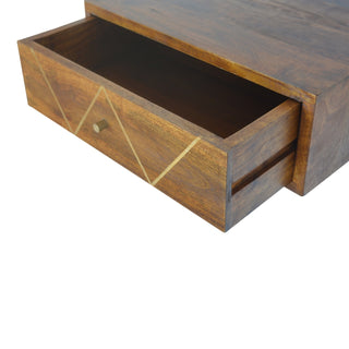 Sunvega Wall Mounted Solid Mango Wood Bedside Table with Brass Inlay Drawer