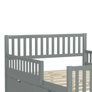 Sunvega Twin Size Walnut Wood Platform Bed with Guardrails and Two Storage Drawers