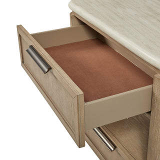 Sunvega Nightstand with Oak Veneer Drawer Fronts, Stone Top, and USB Charging Ports