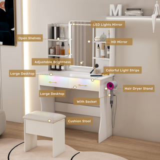Sunvega Vanity Desk with LED Lights Mirror Power Outlet and Storage Drawers