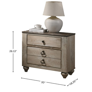 Sunvega Queen Size White Wash Finish Sleigh Bed and Two Nightstands with Antique Walnut Trim