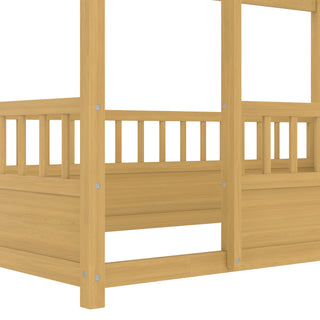 Sunvega Twin Size Floor Wooden Bed with House Roof Frame and Fence Guardrails