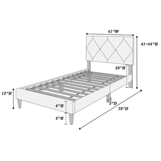 Sunvega Adjustable Velvet Upholstered Twin Bed with 12 Slat Support System