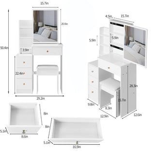 Sunvega Small Space Left Bedside Cabinet Vanity Table with Cushioned Stool and Sliding Mirror