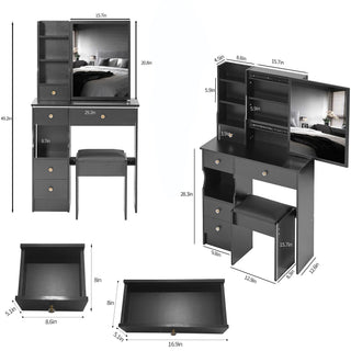 Sunvega Small Space Vanity Table with Cushioned Stool and Extra Large Sliding Mirror