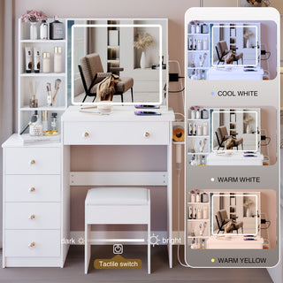 Sunvega 37 Inch Left Bedside Vanity Table with Cushioned Stool and Sliding Mirror