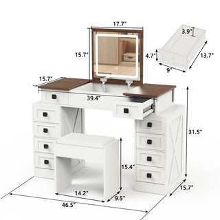 Sunvega Dimmable LED Vanity Desk with Flip Up Mirror and 10 Drawers
