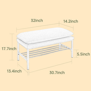 Sunvega Linen Upholstered Storage Bench with Shelf and Metal Legs for Bedroom Entryway