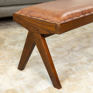 Sunvega Mid Century Modern Tan Leather Upholstered Bench with Solid Wood Frame