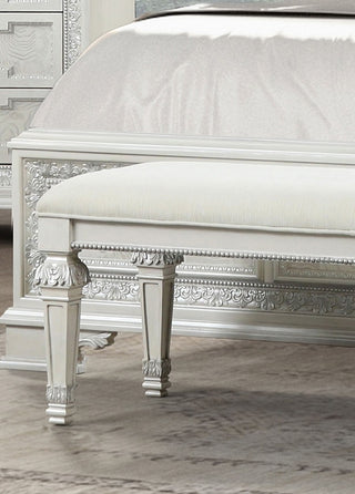 Sunvega Creamy White Traditional Bench with Diamond Button Tufting and Silver Finish
