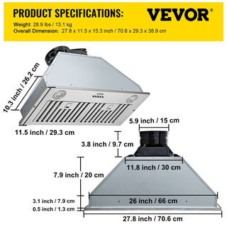 Sunvega 30 Inch 800CFM Built-in Range Hood with LED Lights and Baffle Filters