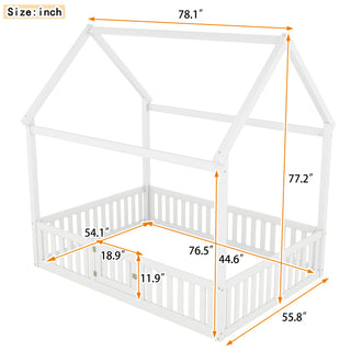 Sunvega Twin Size Wood House Bed with Fence Door and Distressed Washed Design