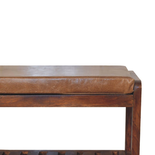 Sunvega Solid Mango Wood Buffalo Leather Upholstered Bench with Slatted Shelf