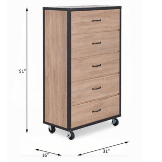 Sunvega Weathered Light Oak 5-Drawer Chest with Side Metal Glides and Industrial Caster Wheels