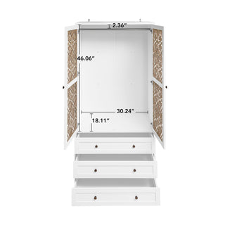 Sunvega White Rattan Wardrobe Armoire with 3 Drawers and Anti-Tip for Bedroom