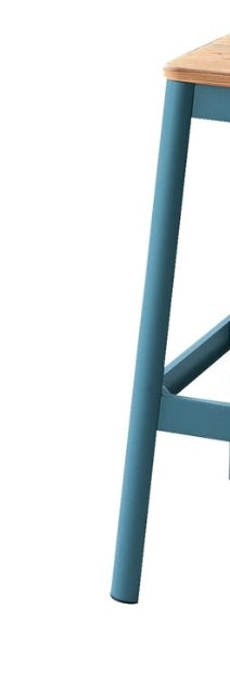 Sunvega Natural & Teal Finish Wooden Stationary Bar Stool with Metal Legs