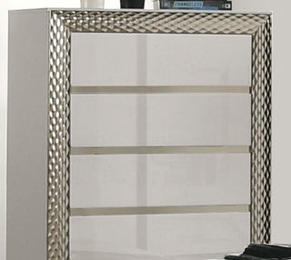 Sunvega Glam Gray 5-Drawer Chest with Plinth Base Silver Molding Glass Shelf
