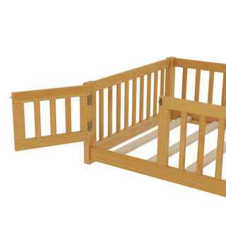 Sunvega Twin Size Floor Bed with Safety Guardrails and Door for Kids in Natural