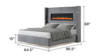 Sunvega Queen Size Upholstered Bed with Electric Fireplace and Bluetooth Speakers in Gray Velvet