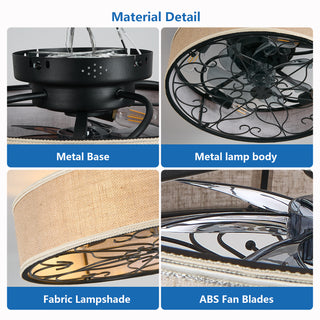 Sunvega Modern Drum Caged Ceiling Fan with Remote and Light for Bedroom